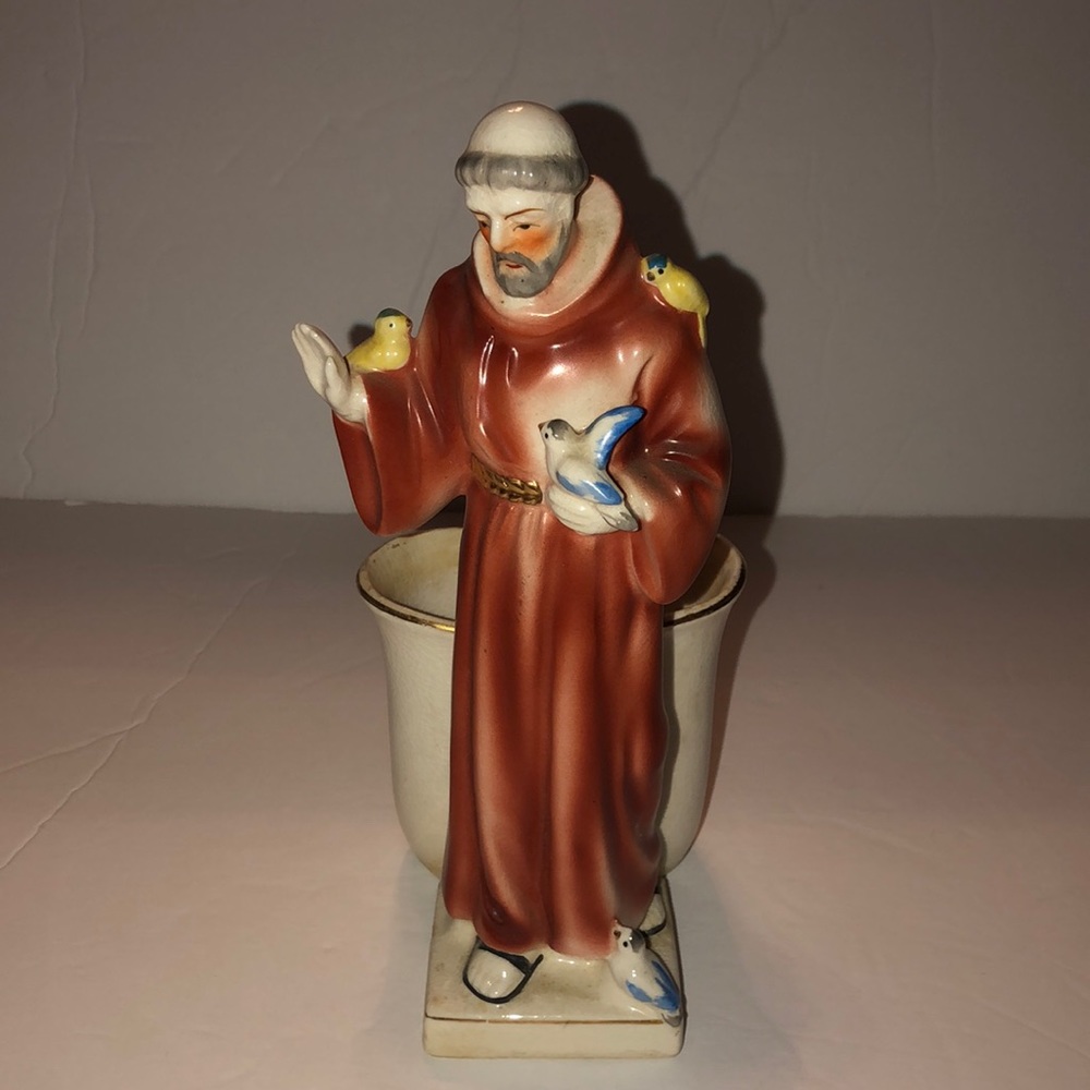 Vintage St. Francis of Assisi Glazed Porcelain Planter 8.5” Tall